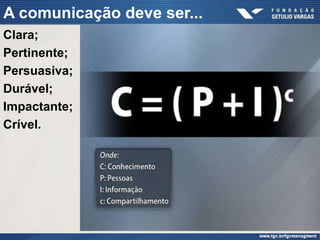 A comunicação deve ser...
Clara;
Pertinente;
Persuasiva;
Durável;
Impactante;
Crível.
 