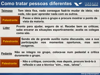 Como tratar pessoas diferentes
Teimoso     Tem ideia fixa, nada consegue fazê-lo mudar de ideia; não
            cede, não quer aprender nada com os outros.
              • Passe a ideia para o grupo e procure mostrar o ponto de
Palestrante     vista da maioria.

 Líder    Pronto para ajudar, seguro de si. Recebe bem as críticas;
          sabe encarar as situações esportivamente; aceita os colegas
          como são.

               Sendo ele de grande auxílio numa discussão, use a sua
 Palestrante   participação nos momentos oportunos, mas sem
               exageros.

Pedante Não se integra no grupo, coloca-se num pedestal e critica
        duramente o grupo.

               • Não o critique, concorde, mas depois, procure levá-lo à
Palestrante      reflexão e use a técnica “sim... mas.. talvez”.
 