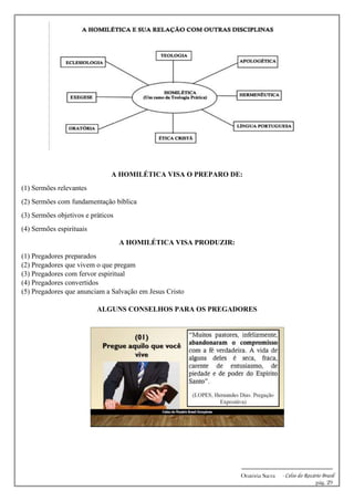 -------------------------------------------------------------
Oratória Sacra - Celso do Rozário Brasil
pág. 29
A HOMILÉTICA VISA O PREPARO DE:
(1) Sermões relevantes
(2) Sermões com fundamentação bíblica
(3) Sermões objetivos e práticos
(4) Sermões espirituais
A HOMILÉTICA VISA PRODUZIR:
(1) Pregadores preparados
(2) Pregadores que vivem o que pregam
(3) Pregadores com fervor espiritual
(4) Pregadores convertidos
(5) Pregadores que anunciam a Salvação em Jesus Cristo
ALGUNS CONSELHOS PARA OS PREGADORES
 