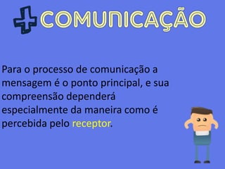 Para o processo de comunicação a
mensagem é o ponto principal, e sua
compreensão dependerá
especialmente da maneira como é
percebida pelo receptor.
 