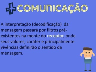 A interpretação (decodificação) da
mensagem passará por filtros pré-
existentes na mente do receptor, onde
seus valores, caráter e principalmente
vivências definirão o sentido da
mensagem.
 