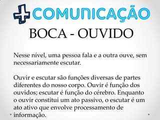 Nesse nível, uma pessoa fala e a outra ouve, sem
necessariamente escutar.
Ouvir e escutar são funções diversas de partes
diferentes do nosso corpo. Ouvir é função dos
ouvidos; escutar é função do cérebro. Enquanto
o ouvir constitui um ato passivo, o escutar é um
ato ativo que envolve processamento de
informação.
BOCA - OUVIDO
 