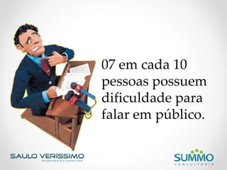 07 em cada 10
pessoas possuem
dificuldade para
falar em público.
 