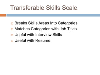 Transferable Skills Scale
 Breaks Skills Areas Into Categories
 Matches Categories with Job Titles
 Useful with Interview Skills
 Useful with Resume
 