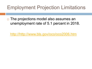 Employment Projection Limitations
 The projections model also assumes an
unemployment rate of 5.1 percent in 2018.
http://http://www.bls.gov/oco/oco2006.htm
 