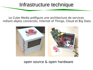 Infrastructure technique 
Le Cube Media préfigure une architecture de services 
mêlant objets connectés, Internet of Things, Cloud et Big Data 
open source & open hardware 
 