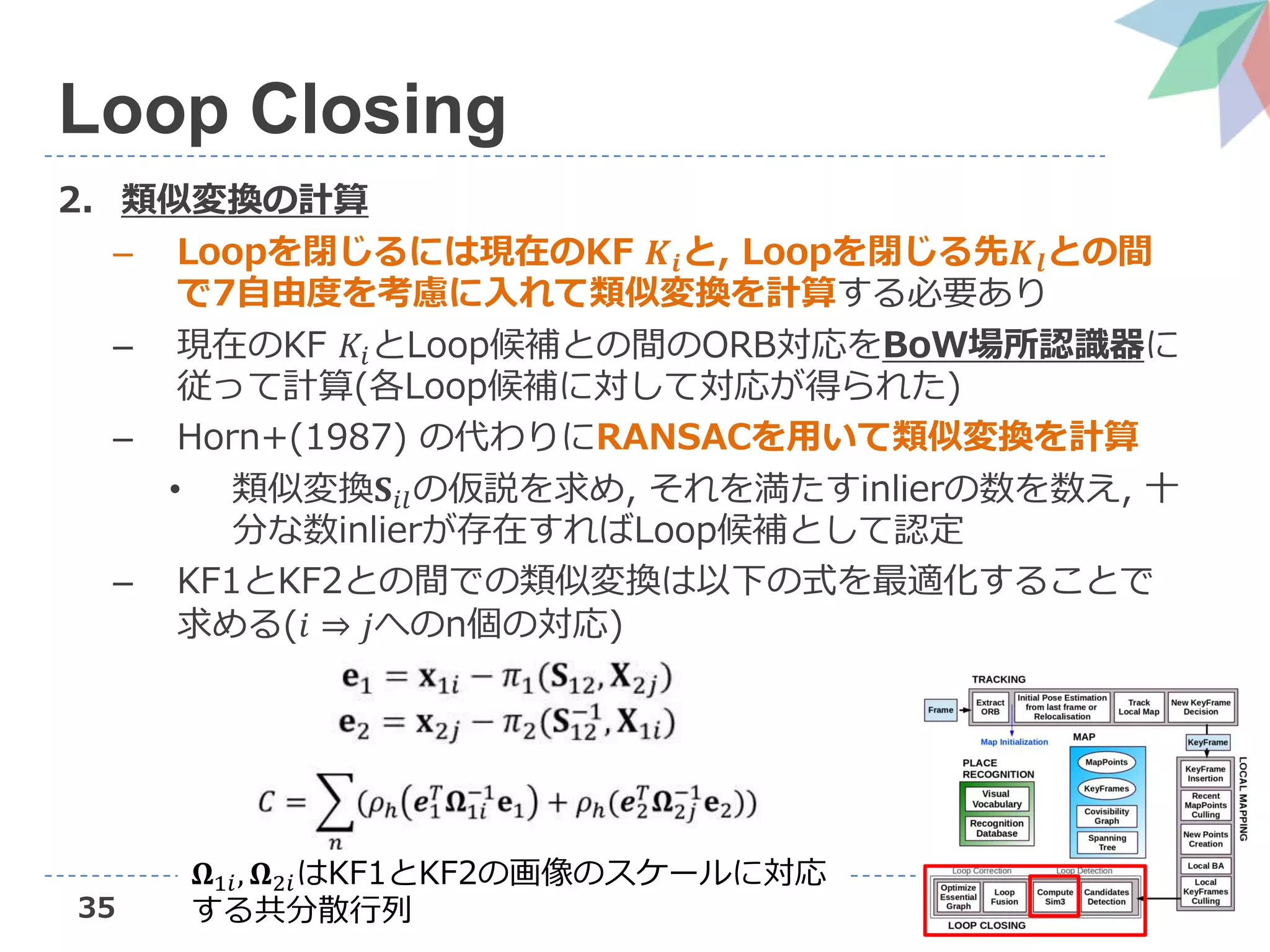 35
Loop Closing
2. 類似変換の計算
– Loopを閉じるには現在のKF 𝑲𝒊と, Loopを閉じる先𝑲𝒍との間
で7自由度を考慮に入れて類似変換を計算する必要あり
– 現在のKF 𝐾𝑖とLoop候補との間のORB対応をBoW場所認識器に
従って計算(各Loop候補に対して対応が得られた)
– Horn+(1987) の代わりにRANSACを用いて類似変換を計算
• 類似変換𝐒𝑖𝑙の仮説を求め, それを満たすinlierの数を数え, 十
分な数inlierが存在すればLoop候補として認定
– KF1とKF2との間での類似変換は以下の式を最適化することで
求める(𝑖 ⇒ 𝑗へのn個の対応)
𝛀1𝑖, 𝛀2𝑖はKF1とKF2の画像のスケールに対応
する共分散行列
 