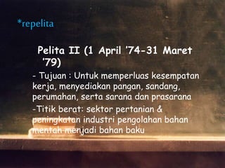 Pelita II (1 April ’74-31 Maret
’79)
- Tujuan : Untuk memperluas kesempatan
kerja, menyediakan pangan, sandang,
perumahan, serta sarana dan prasarana
-Titik berat: sektor pertanian &
peningkatan industri pengolahan bahan
mentah menjadi bahan baku
*repelita
 