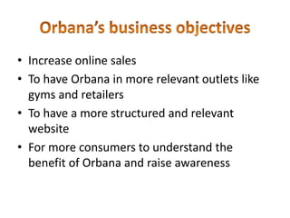 Orbana’s business objectives Increase online sales  To have Orbana in more relevant outlets like gyms and retailers  To have a more structured and relevant website For more consumers to understand the benefit of Orbanaand raise awareness 