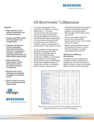 ®
                                OR Benchmarks Collaborative
Benefits                        Successful management of the                  – Assess OR performance by comparing
                                operating room (OR) is a continual              it against a statistically significant
– Helps optimize overall        balancing act — shrinking                       database with approximately
  financial, operational and    reimbursements with rising costs,               400 subscribers and 4 million active
  clinical performance          garnering surgeon loyalty while                 case records
                                managing expenditures, improving              – Uncover actionable insight into
– Provides actionable insight   operational efficiency while focusing
  into the greatest areas                                                       performance improvement
                                on patient safety. Because the OR               opportunities through user-friendly,
  of opportunity                accounts for as much as 68% of a                drill-down analysis
                                hospital’s revenue, and capacity is a
– Empowers OR directors         top priority for most, balance is crucial.    – Report and share OR performance
  to have meaningful,                                                           and operational trends in a three-
  fact-based interactions       To help hospitals manage capacity               dimensional fashion to support
  with senior management,       demands efficiently and safely,                 aligning goals and outcomes
  caregivers and OR staff       McKesson and OR Manager, Inc.
  regarding performance and     formed The OR Benchmarks®                     The Power to Measure
  improvement opportunities     Collaborative (ORBC), an automated            Performance
                                benchmarking service designed                 The OR Benchmarks Collaborative
– Offers networking             specifically for surgery. Utilizing Web-      provides monthly trended data on
  opportunities to share        enabled technology that does not              multiple key performance indicators
  best practices with a         require the purchase or installation          (KPIs) focusing on capacity and quality.
  very large community          of any software, subscribers can:             ORBC is vendor neutral. Subscribers
  of subscribers

– Minimizes the cost of
  collecting and analyzing
  throughput and capacity
  metrics

– Offers an easy to use and
  fast to implement solution
  at great value




                                       Beyond the scorecard, each KPI is further assessable by 20 additional
                                             data points using the true point-and-click technology.
 