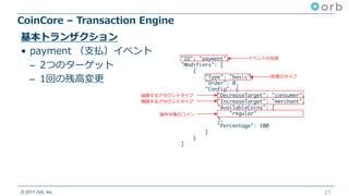 © 2017 Orb, Inc.
CoinCore – Transaction Engine
21
基本トランザクション
• payment （⽀払）イベント
– 2つのターゲット
– 1回の残⾼変更
"ID": "payment",
"Modifiers": [
{
"Type": "basic",
"Order": 0,
"Config": {
"DecreaseTarget": "consumer",
"IncreaseTarget": "merchant",
"AvailableCoins": [
"regular"
],
"Percentage": 100
}
}
]
イベントの名前
処理のタイプ
減額するアカウントタイプ
増額するアカウントタイプ
操作対象のコイン
 