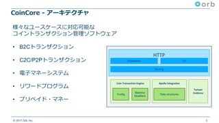© 2017 Orb, Inc.
CoinCore - アーキテクチャ
8
HTTP
Middleware
Routing
Apollo	IntegrationCoin	Transaction	Engine
Balance
Modifiers
Config
TLS
Tamper	
EvidenceData structures
様々なユースケースに対応可能な
コイントランザクション管理ソフトウェア
• B2Cトランザクション
• C2C/P2Pトランザクション
• 電⼦マネーシステム
• リワードプログラム
• プリペイド・マネー
 
