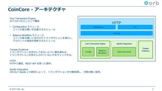 © 2017 Orb, Inc.
CoinCore - アーキテクチャ
9
HTTP
Middleware
Routing
Apollo	IntegrationCoin	Transaction	Engine
Balance
Modifiers
Config
TLS
Tamper	
EvidenceData structures
Coin Transaction Engine
以下の2つのエンジンで構成
• Configuration モジュール
コインの振る舞いを定義するモジュール
• Balance Modifiers モジュール
コインの振る舞いに合わせたトランザクションを実⾏し、
アカウントの残⾼を更新するモジュール
Tamper Evidence
トランザクションを改ざんできないように署名連ねる。
トランザクションが改ざんされていないかをチェックする。
HTTP
HTTPで通信。REST API を使った操作。
Apollo Integration
Orb DLT Apollo との統合によって、トランザクションを分散処理し、分散台帳に保持。
 