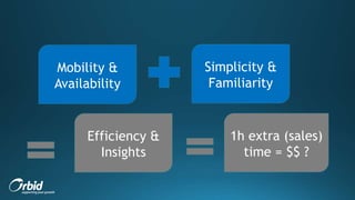 Mobility &
Availability
Simplicity &
Familiarity
Efficiency &
Insights
1h extra (sales)
time = $$ ?
 