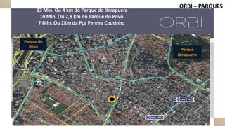 Parque
Ibirapuera
Parque do
Povo
ORBI – PARQUES
13 Min. Ou 4 km do Parque do Ibirapuera
10 Min. Ou 2,8 Km do Parque do Povo
7 Min. Ou 2Km da Pça Pereira Coutinho
 