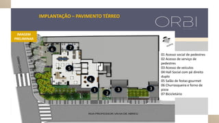 1
2
3 3
4
5
6 7
01 Acesso social de pedestres
02 Acesso de serviço de
pedestres
03 Acesso de veículos
04 Hall Social com pé direito
duplo
05 Salão de festas gourmet
06 Churrasqueira e forno de
pizza
07 Bicicletário
IMPLANTAÇÃO – PAVIMENTO TÉRREO
IMAGEM
PRELIMINAR
 