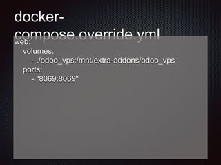 docker-
compose.override.ymlweb:
volumes:
- ./odoo_vps:/mnt/extra-addons/odoo_vps
ports:
- "8069:8069"
 