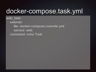 docker-compose.task.yml
web_task:
extends:
file: docker-compose.override.yml
service: web
command: echo Task
 