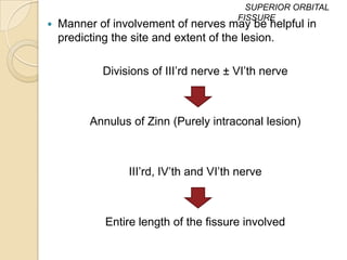 SUPERIOR ORBITAL
                                        FISSURE
   Manner of involvement of nerves may be helpful in
    predicting the site and extent of the lesion.

            Divisions of III’rd nerve ± VI’th nerve



          Annulus of Zinn (Purely intraconal lesion)



                 III’rd, IV’th and VI’th nerve



             Entire length of the fissure involved
 