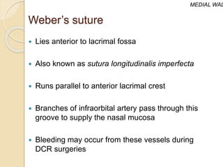 Weber’s suture
 Lies anterior to lacrimal fossa
 Also known as sutura longitudinalis imperfecta
 Runs parallel to anterior lacrimal crest
 Branches of infraorbital artery pass through this
groove to supply the nasal mucosa
 Bleeding may occur from these vessels during
DCR surgeries
MEDIAL WAL
 