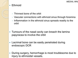  Ethmoid
- Thinnest bone of the orbit
- Vascular connections with ethmoid sinus through foramina
- Inflammation in the ethmoid sinus spreads readily to the
orbit
 Tumours of the nasal cavity can breach the lamina
papyracea to involve the orbit
 Lacrimal bone can be easily penetrated during
endoscopic DCR
 During surgery, hemorrhage is most troublesome due to
injury to ethmoidal vessels.
MEDIAL WAL
 
