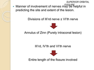  Manner of involvement of nerves may be helpful in
predicting the site and extent of the lesion.
Divisions of III’rd nerve ± VI’th nerve
Annulus of Zinn (Purely intraconal lesion)
III’rd, IV’th and VI’th nerve
Entire length of the fissure involved
SUPERIOR ORBITAL
FISSURE
 