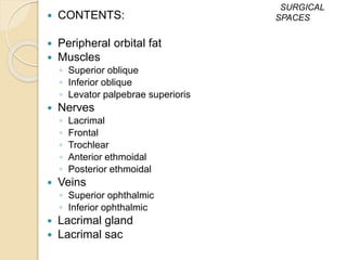  CONTENTS:
 Peripheral orbital fat
 Muscles
◦ Superior oblique
◦ Inferior oblique
◦ Levator palpebrae superioris
 Nerves
◦ Lacrimal
◦ Frontal
◦ Trochlear
◦ Anterior ethmoidal
◦ Posterior ethmoidal
 Veins
◦ Superior ophthalmic
◦ Inferior ophthalmic
 Lacrimal gland
 Lacrimal sac
SURGICAL
SPACES
 