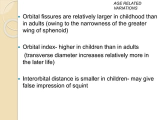  Orbital fissures are relatively larger in childhood than
in adults (owing to the narrowness of the greater
wing of sphenoid)
 Orbital index- higher in children than in adults
(transverse diameter increases relatively more in
the later life)
 Interorbital distance is smaller in children- may give
false impression of squint
AGE RELATED
VARIATIONS
 