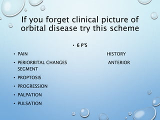 If you forget clinical picture of
orbital disease try this scheme
• 6 P’S
• PAIN HISTORY
• PERIORBITAL CHANGES ANTERIOR
SEGMENT
• PROPTOSIS
• PROGRESSION
• PALPATION
• PULSATION
 