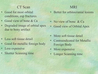 CT Scan
 Good for most orbital
conditions, esp fractures
 Good view of bone & Ca
 Degraded image of orbital apex
due to bony artifact
 Less soft tissue detail
 Good for metallic foreign body
 Less expensive
 Shorter Scanning time
MRI
 Better for orbitocranial lesions
 No view of bone & Ca
 Good view of Orbital Apex
 More soft tissue detail
 Contraindicated for Metallic
Foreign Body
 More expensive
 Longer Scanning time
 