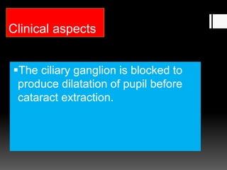 Clinical aspects
The ciliary ganglion is blocked to
produce dilatation of pupil before
cataract extraction.
 