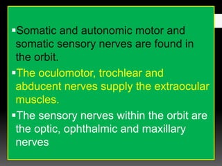 Somatic and autonomic motor and
somatic sensory nerves are found in
the orbit.
The oculomotor, trochlear and
abducent nerves supply the extraocular
muscles.
The sensory nerves within the orbit are
the optic, ophthalmic and maxillary
nerves
 