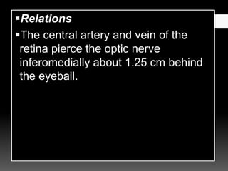 Relations
The central artery and vein of the
retina pierce the optic nerve
inferomedially about 1.25 cm behind
the eyeball.
 