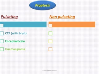Pulsating
CCF (with bruit)
Encephalocele
Haemangioma
Non pulsating
Proptosis
Samhaa Mohammed
 