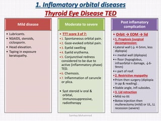 1. Inflamatory orbital diseases
Thyroid Eye Disease TED
Mild disease
• Lubricants.
• NSAIDS, steroids,
ciclosporin.
• Head elevation.
• Taping in exposure
keratopathy.
Moderate to severe
• TTT score 3 of 7:
•1. Spontaneous orbital pain.
•2. Gaze-evoked orbital pain.
•3. Eyelid swelling
•4. Eyelid erythema.
•5. Conjunctival redness
considered to be due to
active (inflammatory phase)
TED.
•6. Chemosis.
•7. Inflammation of caruncle
or plica.
• Syst steroid iv oral &
orbital,
immunosuppressive,
radiotherapy
Post inflamatory
complication
• Orbit → EOM → lid
•1. Proptosis (surgical
decompression:
•Lateral wall (↓ 4-5mm, less
diplopia)
•+ medial wall (diplopia)
•+ floor (hypoglobus,
infraorbital n damage, ↓6-
9mm)
•+ part of roof.
•2. Restrictive myopathy
•Prism then surgery (diplopia
in pp & reading) .
•Stable angle, infl subsides.
•3. Lid retraction
•Mild no ttt
•Botox injection then
mullerectomy (mild) or UL, LL
recession (severe)
Samhaa Mohammed
 
