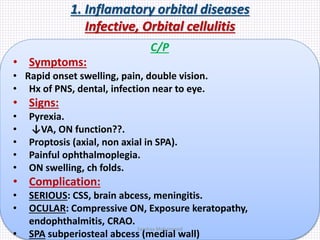 1. Inflamatory orbital diseases
Infective, Orbital cellulitis
C/P
• Symptoms:
• Rapid onset swelling, pain, double vision.
• Hx of PNS, dental, infection near to eye.
• Signs:
• Pyrexia.
• ↓VA, ON function??.
• Proptosis (axial, non axial in SPA).
• Painful ophthalmoplegia.
• ON swelling, ch folds.
• Complication:
• SERIOUS: CSS, brain abcess, meningitis.
• OCULAR: Compressive ON, Exposure keratopathy,
endophthalmitis, CRAO.
• SPA subperiosteal abcess (medial wall)
Samhaa Mohammed
 
