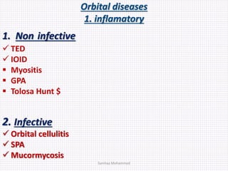 Orbital diseases
1. inflamatory
1. Non infective
 TED
 IOID
 Myositis
 GPA
 Tolosa Hunt $
2. Infective
 Orbital cellulitis
 SPA
 Mucormycosis
Samhaa Mohammed
 