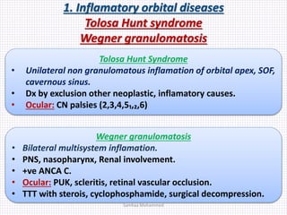 1. Inflamatory orbital diseases
Tolosa Hunt syndrome
Wegner granulomatosis
Tolosa Hunt Syndrome
• Unilateral non granulomatous inflamation of orbital apex, SOF,
cavernous sinus.
• Dx by exclusion other neoplastic, inflamatory causes.
• Ocular: CN palsies (2,3,4,5₁,₂,6)
Wegner granulomatosis
• Bilateral multisystem inflamation.
• PNS, nasopharynx, Renal involvement.
• +ve ANCA C.
• Ocular: PUK, scleritis, retinal vascular occlusion.
• TTT with sterois, cyclophosphamide, surgical decompression.
Samhaa Mohammed
 