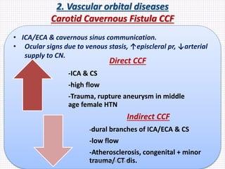 2. Vascular orbital diseases
Carotid Cavernous Fistula CCF
• ICA/ECA & cavernous sinus communication.
• Ocular signs due to venous stasis, ↑episcleral pr, ↓arterial
supply to CN.
Direct CCF
-ICA & CS
-high flow
-Trauma, rupture aneurysm in middle
age female HTN
Indirect CCF
-dural branches of ICA/ECA & CS
-low flow
-Atherosclerosis, congenital + minor
trauma/ CT dis.Samhaa Mohammed
 