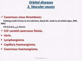 Orbital diseases
2. Vascular causes
 Cavernous sinus thrombosis:
Clotting inside CS due to 2ry infection, blood dis. leads to all orbital signs, MRI,
MRV.
CN (3,4,6,5₁,₂,₃), Horner
 CCF carotid cavernous fistula.
 Varix.
 Lymphangioma
 Capillary haemangioma.
 Cavernous haemangioma.
Samhaa Mohammed
 