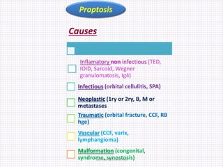 Causes
Inflamatory non infectious (TED,
IOID, Sarcoid, Wegner
granulomatosis, Ig4)
Infectious (orbital cellulitis, SPA)
Neoplastic (1ry or 2ry, B, M or
metastases
Traumatic (orbital fracture, CCF, RB
hge)
Vascular (CCF, varix,
lymphangioma)
Malformation (congenital,
syndrome, synostosis)
Proptosis
Samhaa Mohammed
 