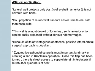 -Clinical application :
*Lateral wall protects only post ½ of eyeball , anterior ½ is not
covered with bone .
*So , palpation of retroorbital tumours easier from lateral side
than nasal side.
*This wall is almost devoid of foramina , so its anterior ortion
can be easily broached without serious haemorrhages.
*Because of its advantageous anatomical position lateral orbital
surgical approach is popullar .
* Zygomatico-sphenoid suture is most important landmark on
creating a flap in Kronlein’s operation . Once this flap has been
turned , there is direct access to superolateral , inferolateral &
retrobulbar quadrants of orbit.
 