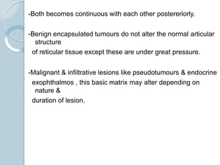 -Both becomes continuous with each other postereriorly.
-Benign encapsulated tumours do not alter the normal articular
structure
of reticular tissue except these are under great pressure.
-Malignant & infiltrative lesions like pseudotumours & endocrine
exophthalmos , this basic matrix may alter depending on
nature &
duration of lesion.
 