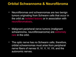 Orbital Schwannoma & Neurofibroma Neurofibromas and schwannomas are two benign tumors originating from Schwann cells that occur in the orbit as  isolated lesions  or in association with  neurofibromatosis . Malignant peripheral nerve tumors (malignant schwannoma, neurofibrosarcoma) are  extremely rare  in the orbit. The optic nerve has no Schwann cells; therefore, orbital schwannomas must arise from peripheral nerve fibers of nerves III, IV, V, VI, VII, and the autonomic nerves. 