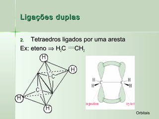 Ligações duplas


2.  Tetraedros ligados por uma aresta
Ex: eteno ⇒ H2C CH2




                                        Orbitais
 