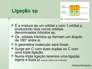 Ligação sp


   É a mistura de um orbital s com 1 orbital p,
    produzindo dois novos orbitais
    denominados híbridos sp.
   Os orbitais híbridos sp formam um ângulo
    de 180° entre si.
   A geometria molecular será linear.
   Surge em C com duas duplas ou C com
    uma tripla ligação.
   Numa tripla ligação teremos uma ligação
    sigma e duas pi (porção inferior da molécula)
                                         Orbitais/Hibridação
 