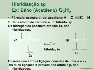 Hibridização sp
    Ex: Etino (Acetileno)              C 2H 2
• Fórmula estrutural do acetileno H C                   C    H
 Cada átomo de carbono é um híbrido sp.
Os hidrogênios possuem orbitais 1s, não
  hibridizados.


    2p                                      2p


                            hibridação
                                                   sp
                2s
Observe que a tripla ligação consiste de uma σ e 2π
As duas ligações π provem dos orbitais p, não
  hibridizados.                                Orbitais/Hibridação
 