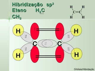 Hibridização sp 2       H          H
Eteno     H 2C              C C
CH 2                    H          H



 H                          H

        C           C
 H                          H

                            Orbitais/Hibridação
 