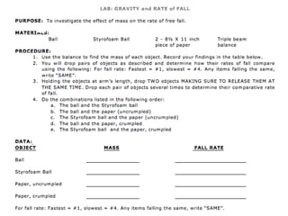 LAB – GRAVITY AND RATE OF FALL
 