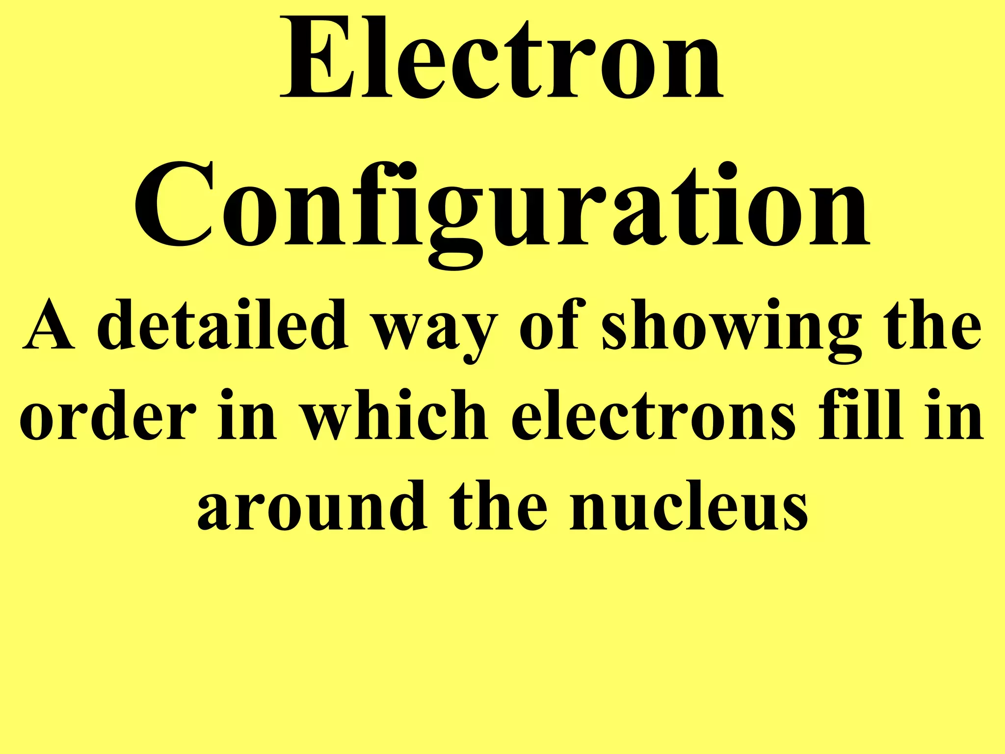 Electron
Configuration
A detailed way of showing the
order in which electrons fill in
around the nucleus
 
